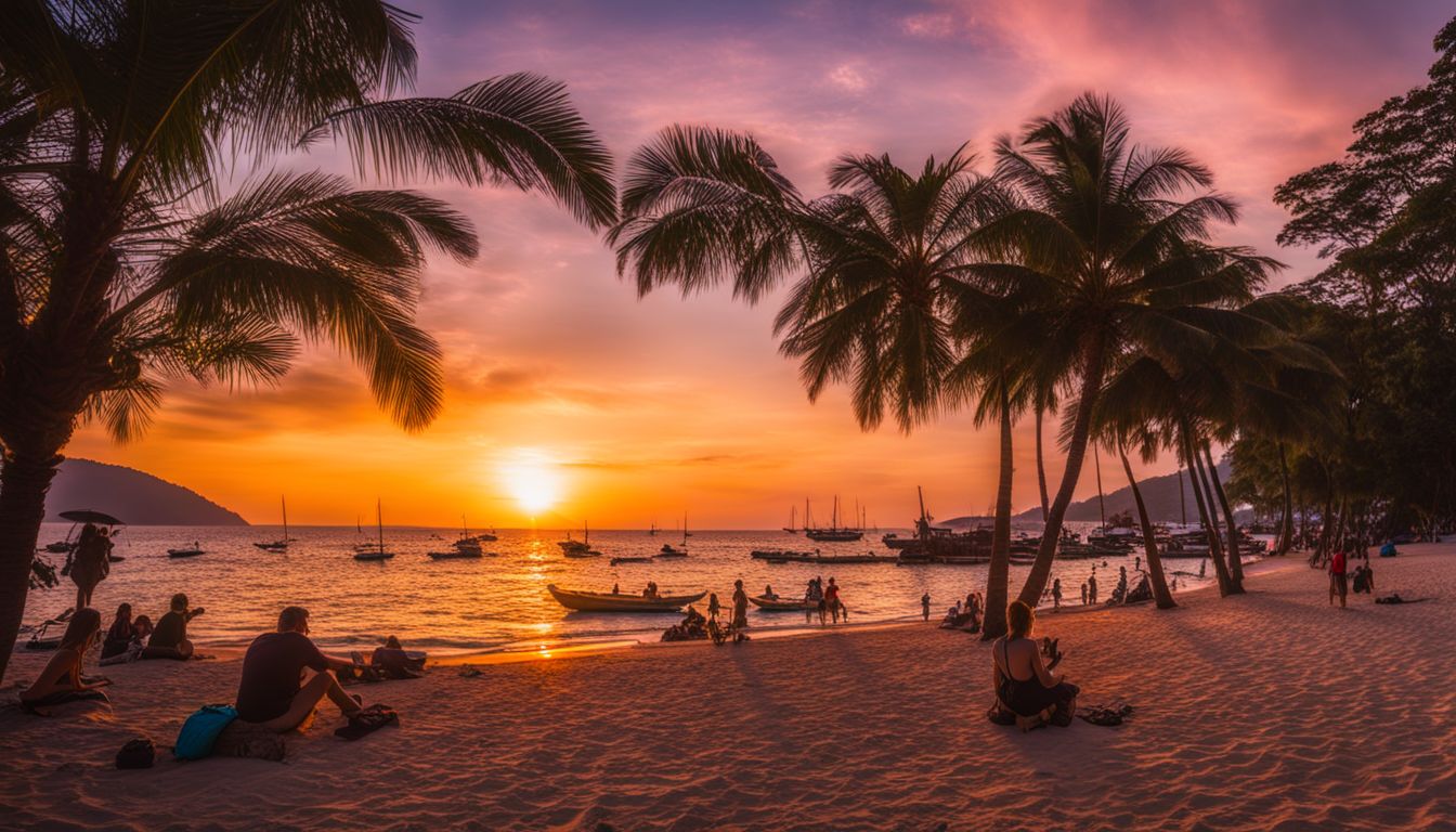 A vibrant sunset over Patong Beach captures beachgoers enjoying water activities in a bustling atmosphere.