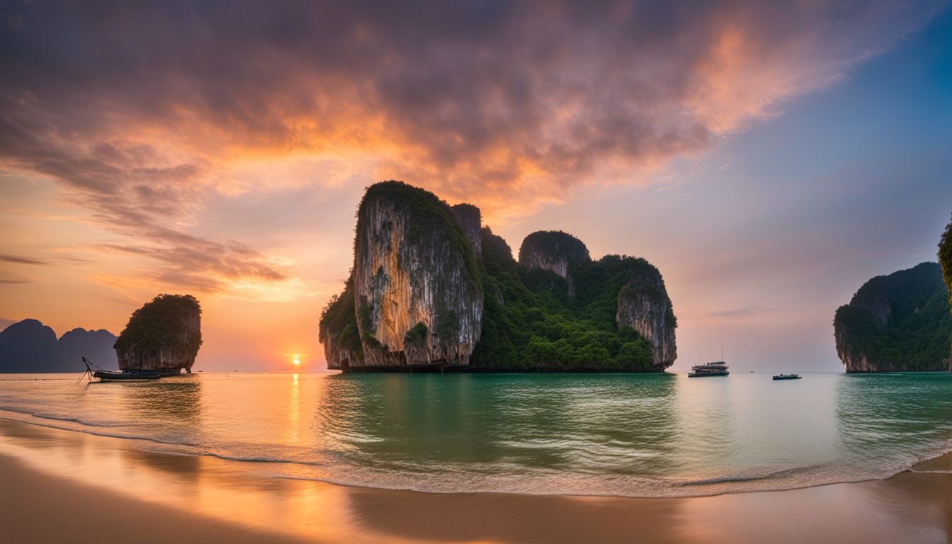 A gorgeous sunset over the limestone cliffs of Railay Beach, with a diverse group of people enjoying the scene.