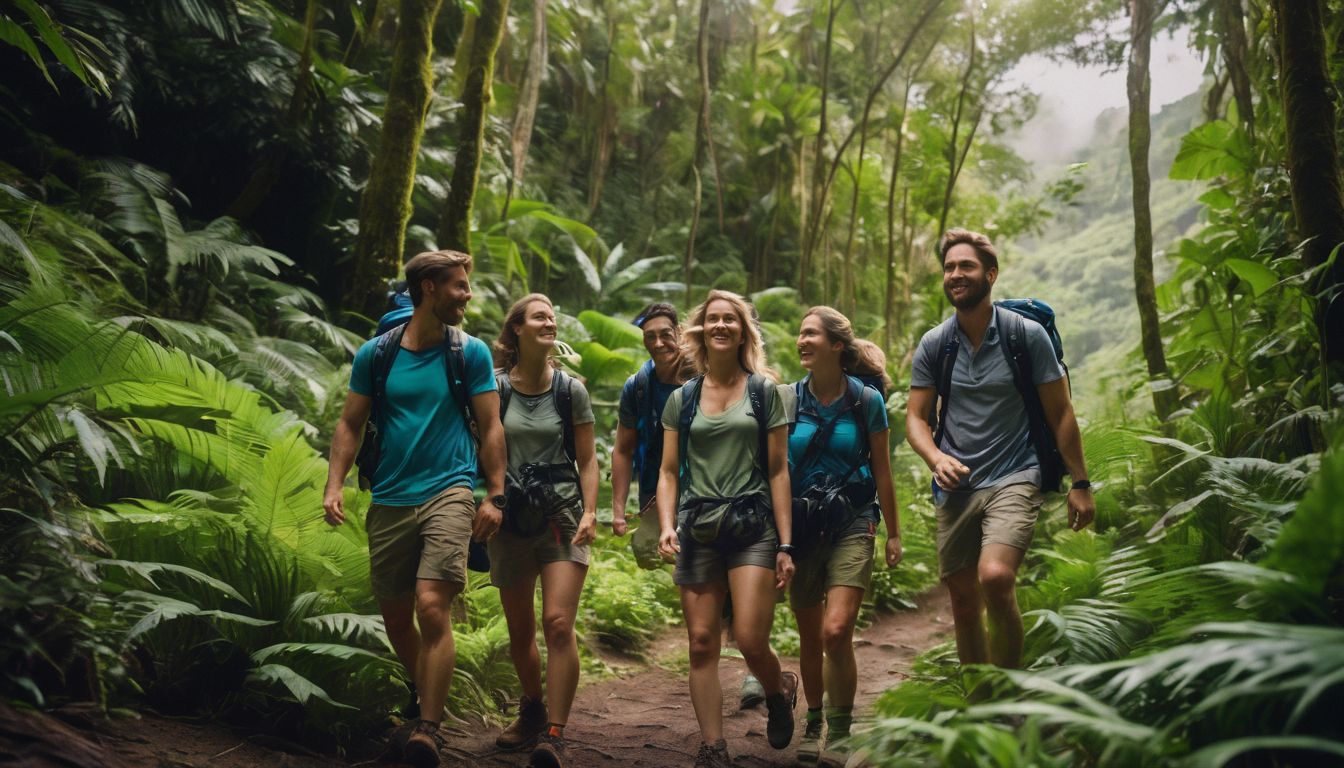 A diverse group of friends hike through a lush jungle, capturing the beauty of nature on their adventure.