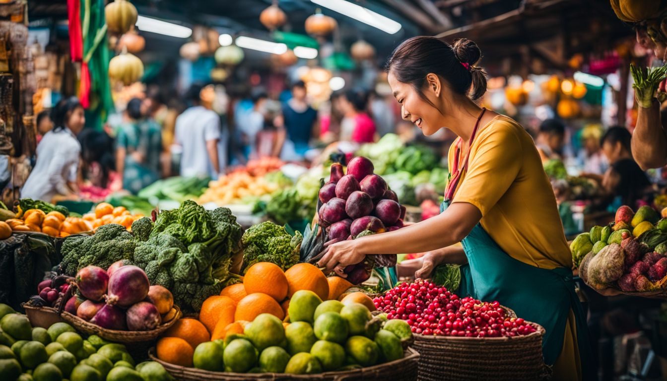 A vibrant Thai market showcasing a variety of fruits, vegetables, and diverse faces.