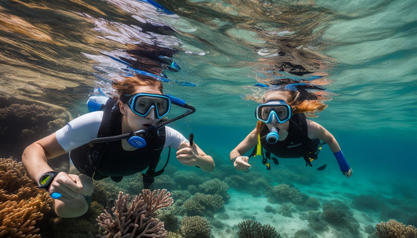 Marine conservation volunteers capture vibrant coral reefs while snorkeling in crystal clear waters.
