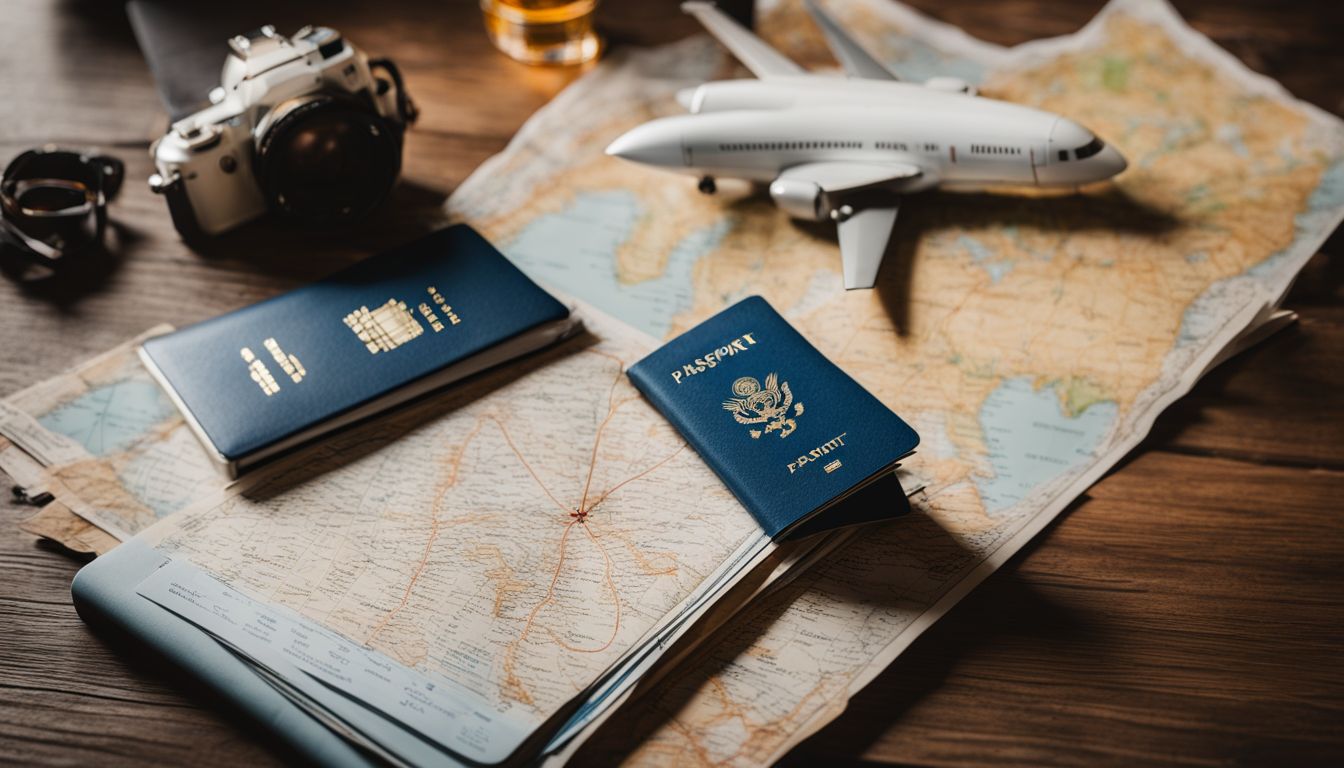 A collection of travel essentials including a passport, plane ticket, and map, arranged artistically on a wooden table.