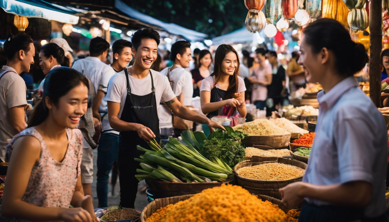 A group of students happily exploring a vibrant traditional Thai market with local vendors.
