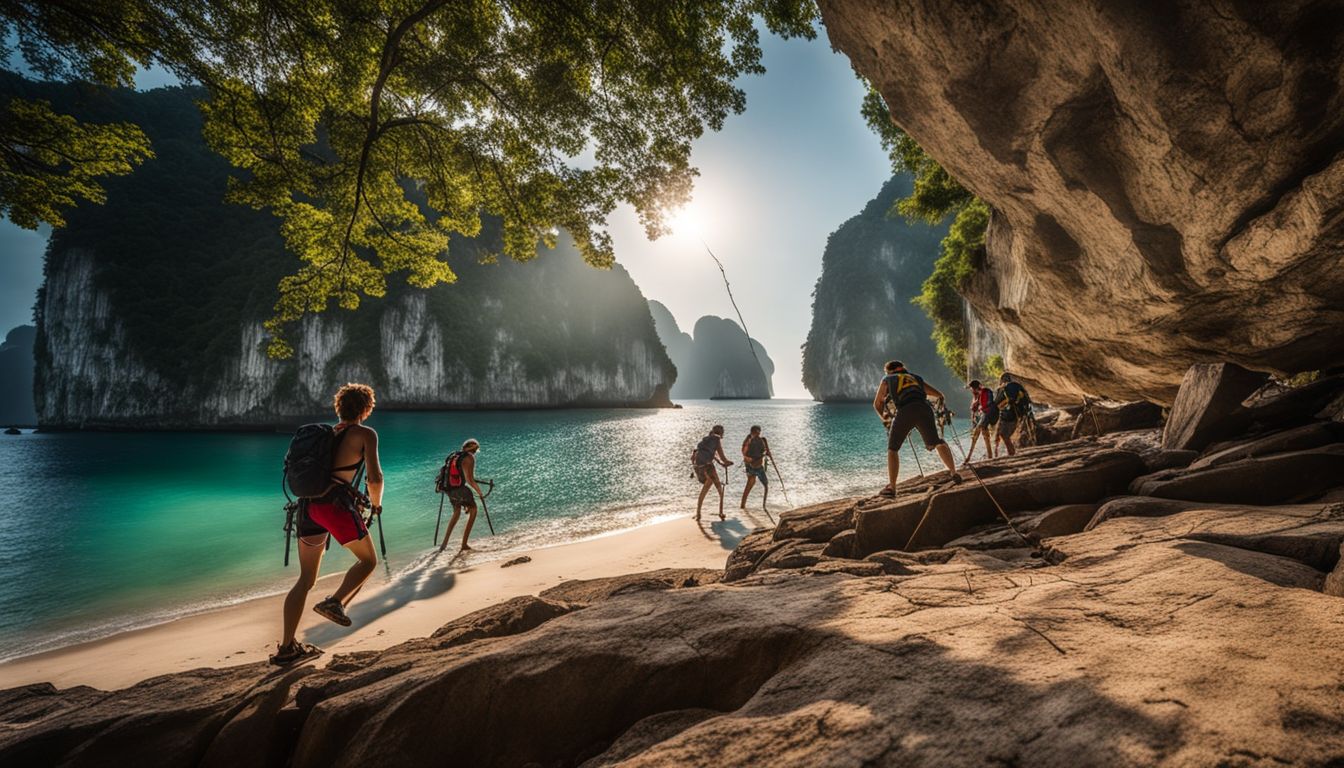 Rock climbers conquering the limestone cliffs of Railey Beach and Ton Sai, captured in vivid detail with professional equipment.