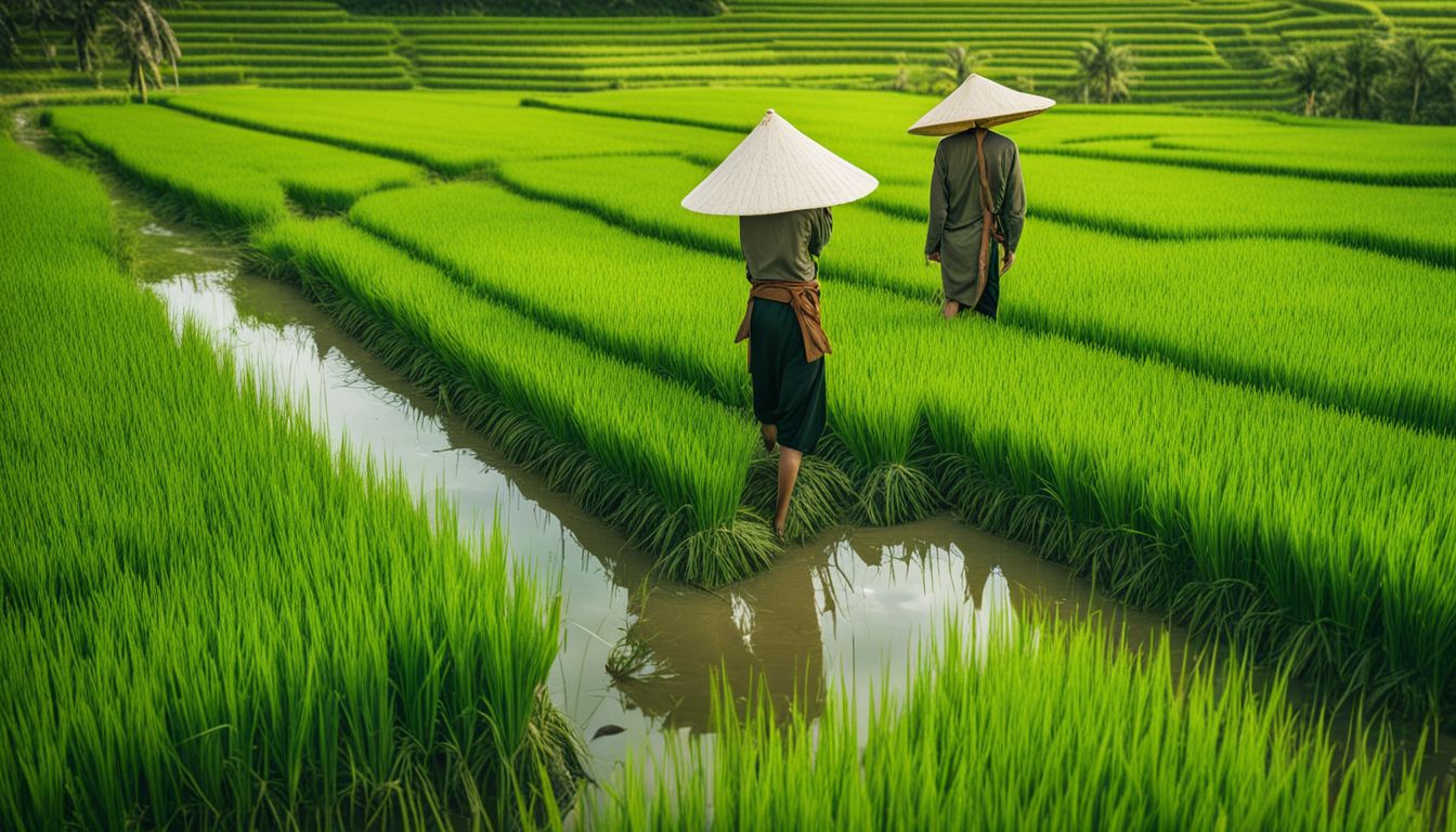 A photo depicting a traditional Thai farmer in lush green rice fields.