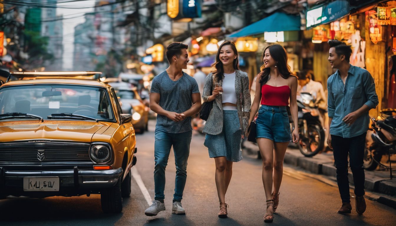 A diverse group of friends poses beside a rental car in the bustling streets of Ho Chi Minh City.