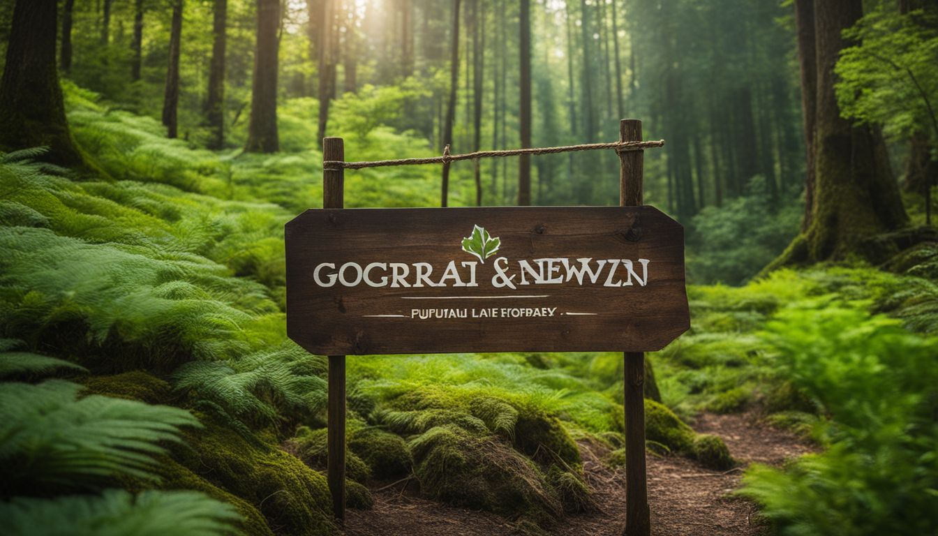 A wooden sign in a forest encourages supporting local businesses and protecting the environment.