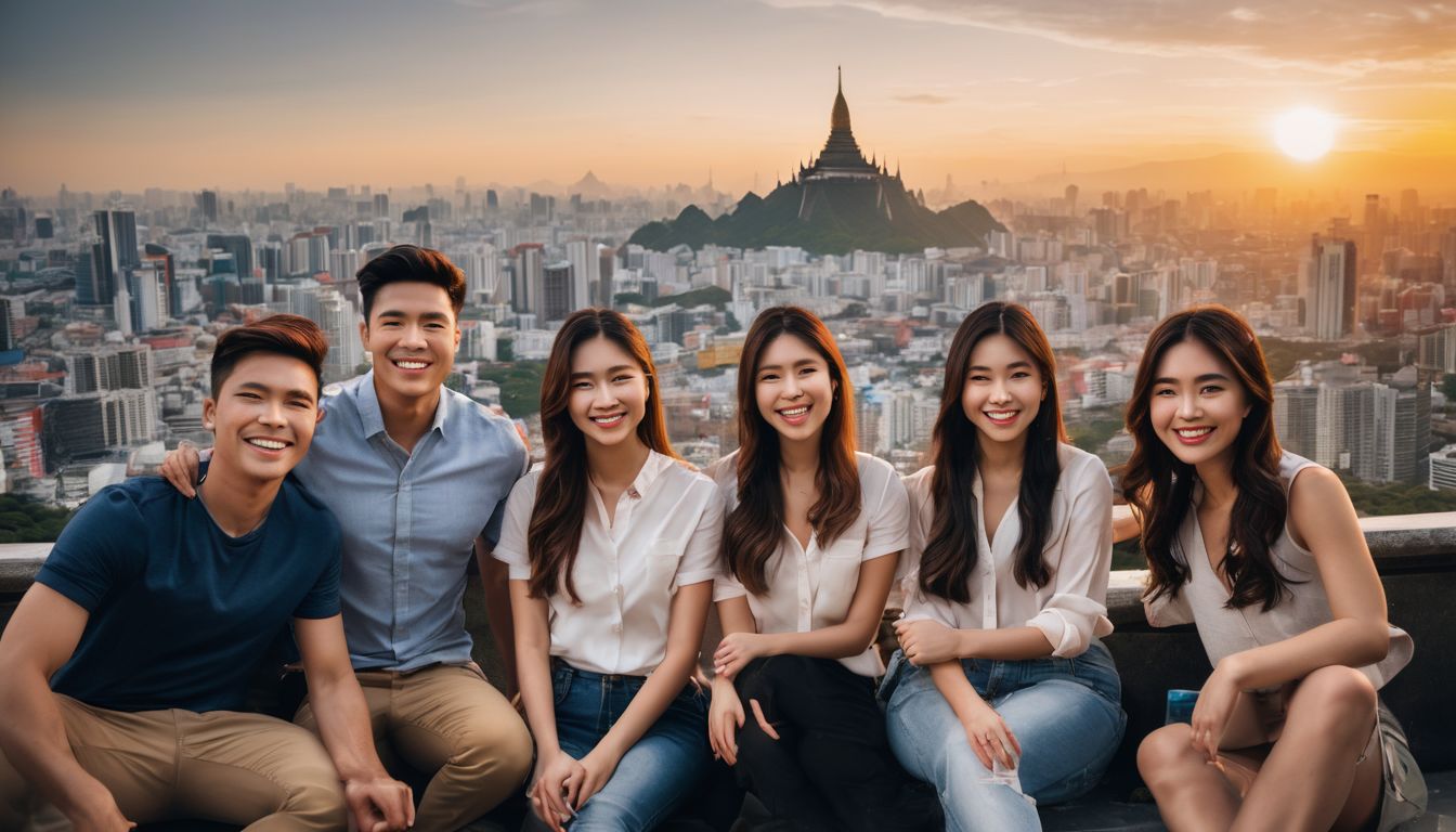 A diverse group of students are happily sitting together against a backdrop of famous Thai landmarks.