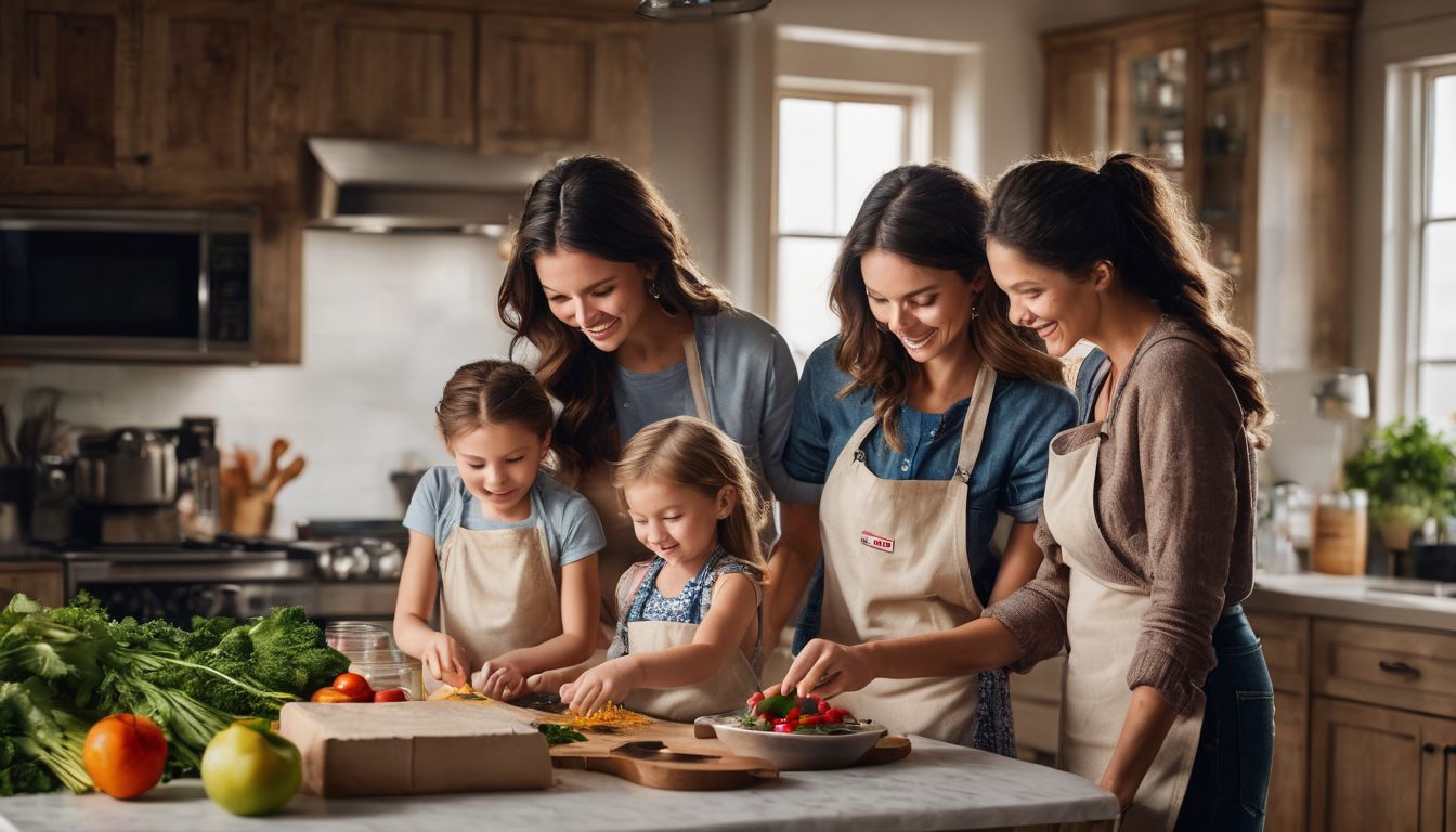 A family cooking together in a vibrant and bustling kitchen, surrounded by fresh ingredients.