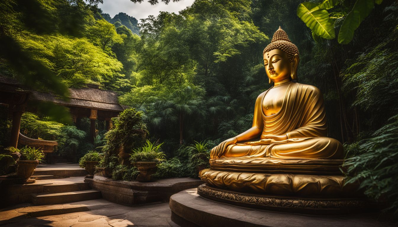 A golden Buddha statue surrounded by lush greenery in a temple, capturing the beauty of nature and spirituality.