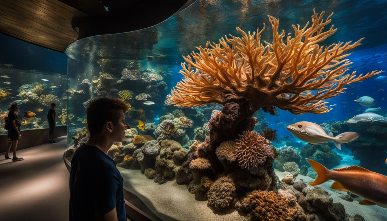 The Sea Shell Aquarium's main exhibit showcases a diverse array of marine life in a bustling atmosphere.