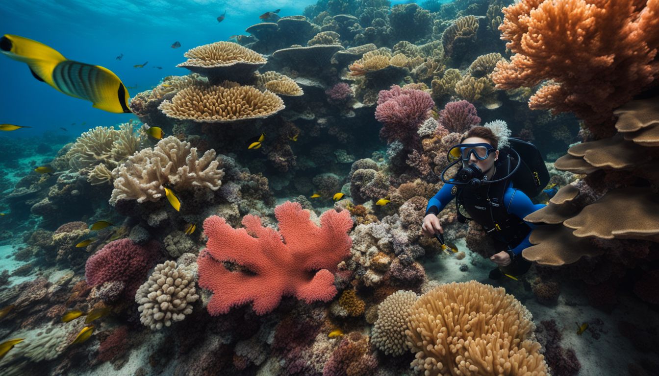 A scuba diver explores vibrant coral reefs, capturing stunning underwater photographs with a variety of equipment.