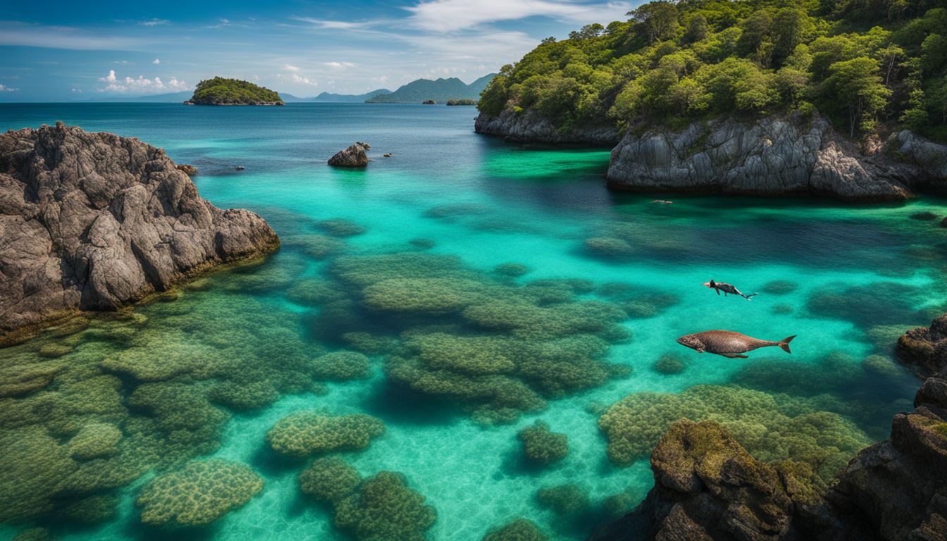 A stunning photograph of marine wildlife and lush islands in crystal-clear waters.