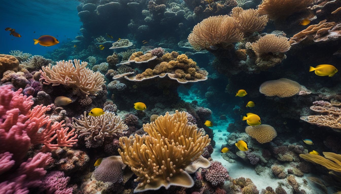 A vibrant coral reef filled with diverse marine life captured in a stunning underwater photograph.
