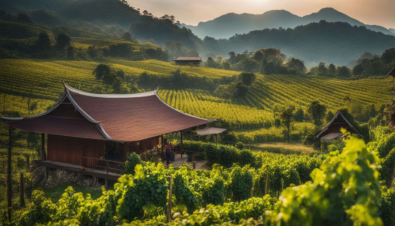 A photo of a picturesque vineyard in Wang Nam Khiao with a traditional Thai house in the background.