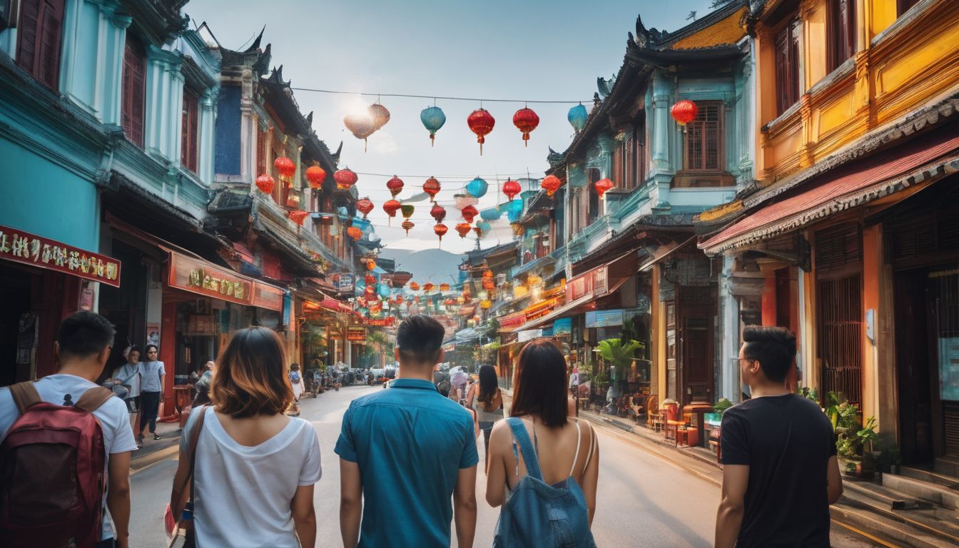 A diverse group of friends walking along Thalang Road, admiring the colorful Sino-Portuguese buildings in a bustling atmosphere.