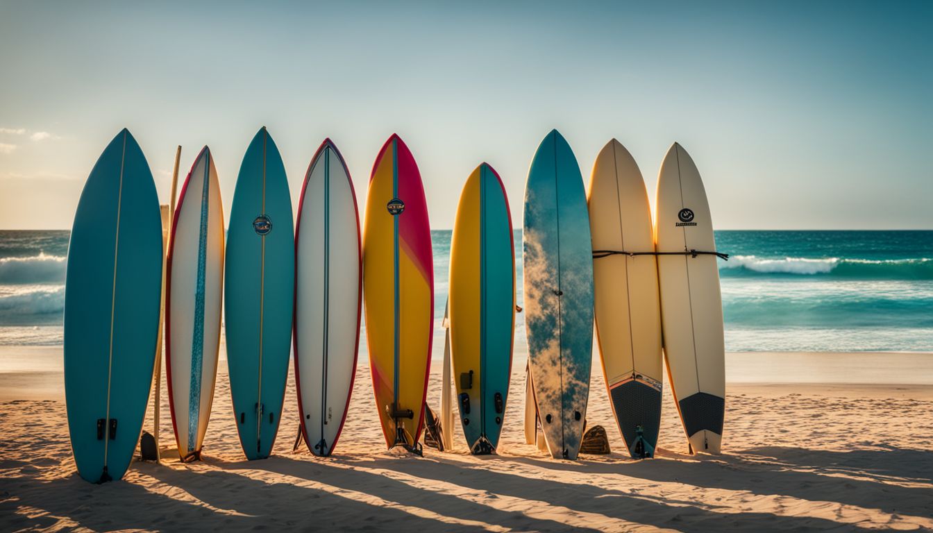 A vibrant beach scene with surfboards lined up against a backdrop of turquoise waters and a bustling atmosphere.