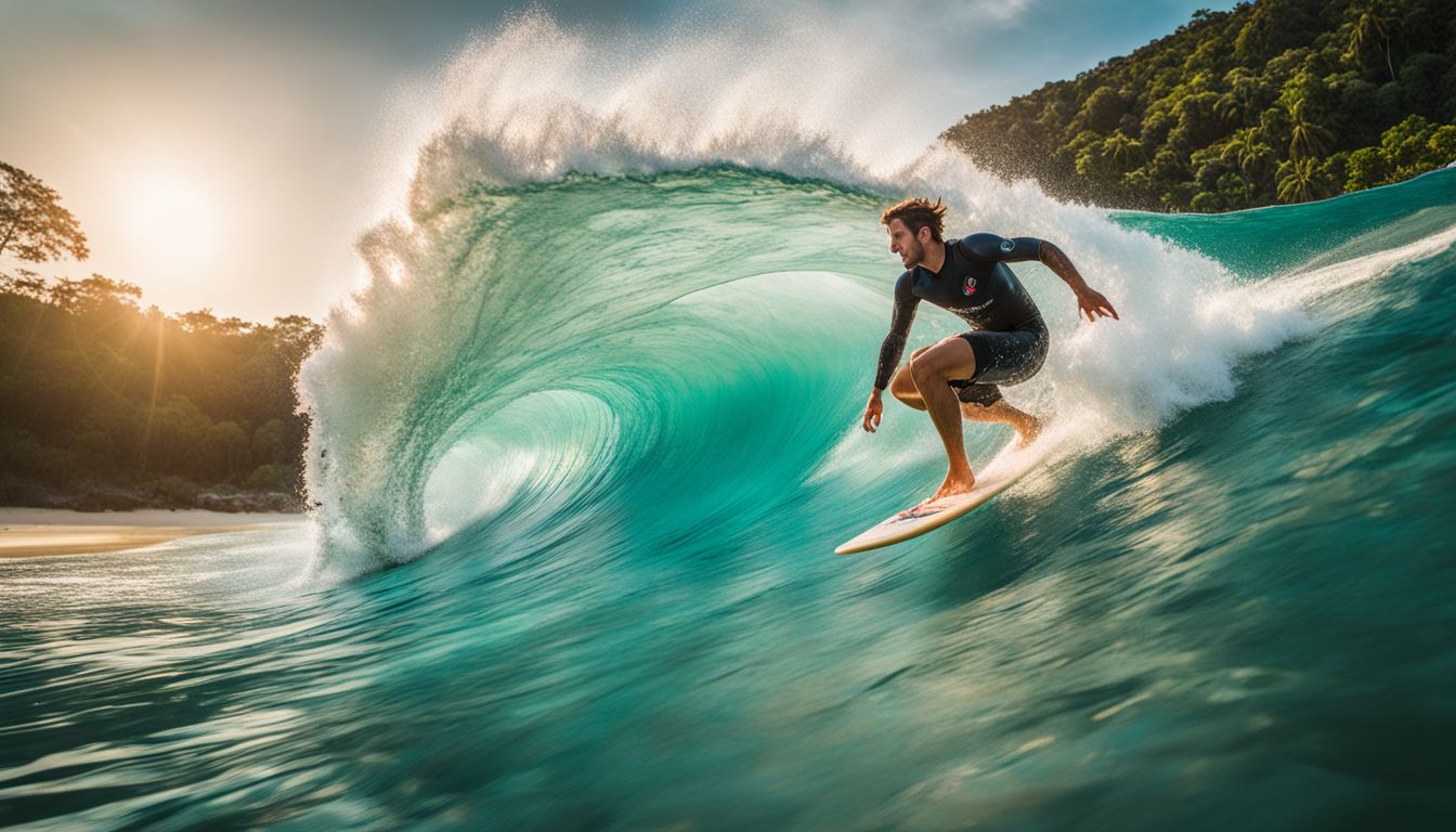 A photo of a surfer catching a wave in the beautiful turquoise waters of Kata Beach.