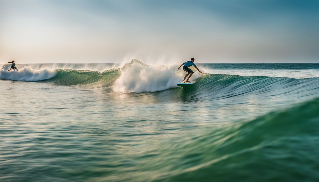 Surfers riding waves at Surin Beach, showcasing a variety of styles and personalities, captured in a lively atmosphere.