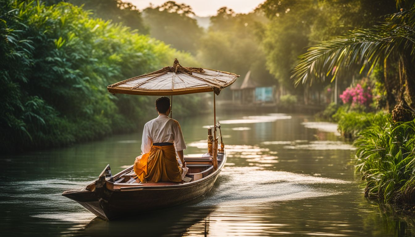 A traditional Thai wooden boat cruises along a lush green canal, surrounded by nature and a bustling atmosphere.