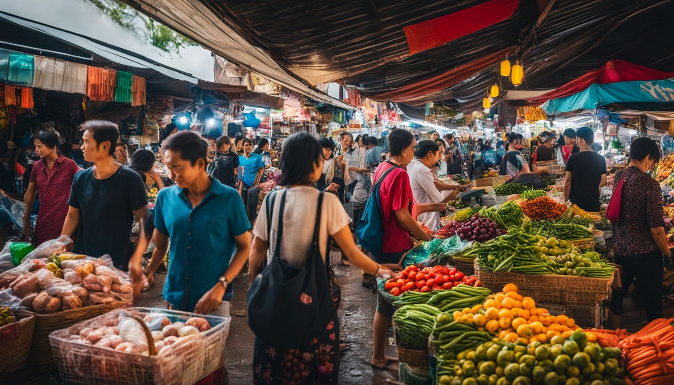 People shopping at the vibrant Tha Sadet Market, surrounded by colorful stalls and a bustling atmosphere.