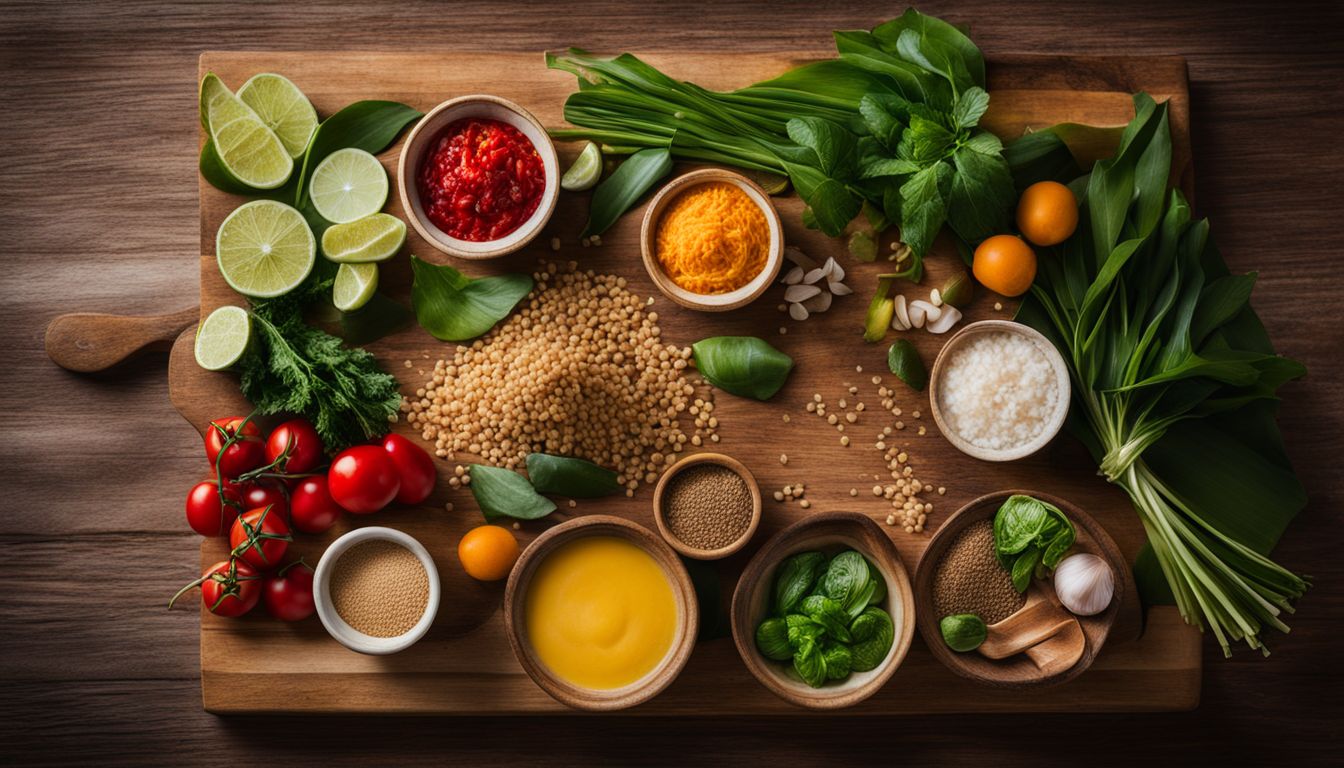 A vibrant array of Thai ingredients arranged on a wooden cutting board.