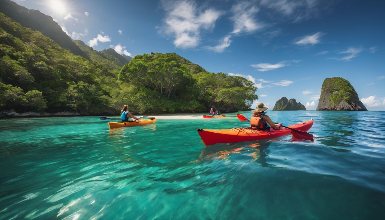 A diverse group of friends enjoy kayaking through beautiful turquoise waters surrounded by lush tropical islands.