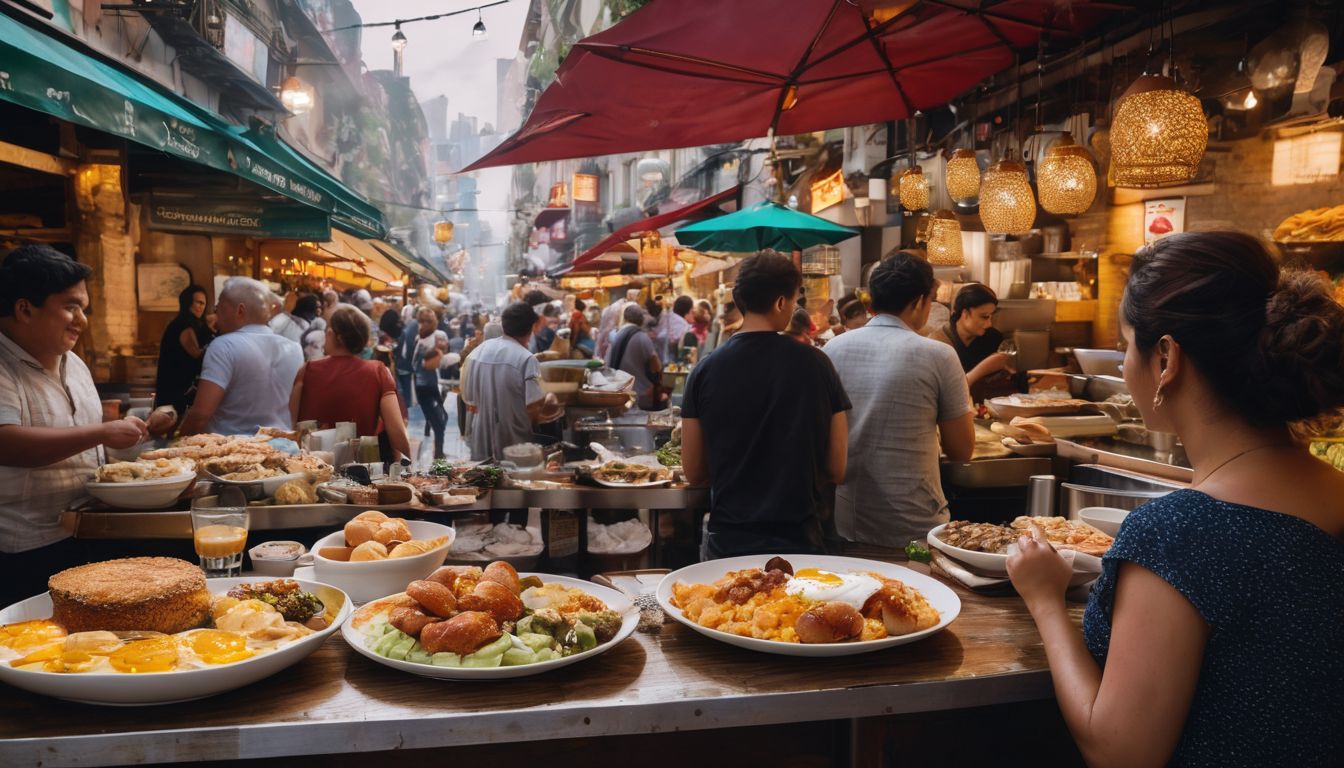 A mouthwatering breakfast spread in a bustling market scene.