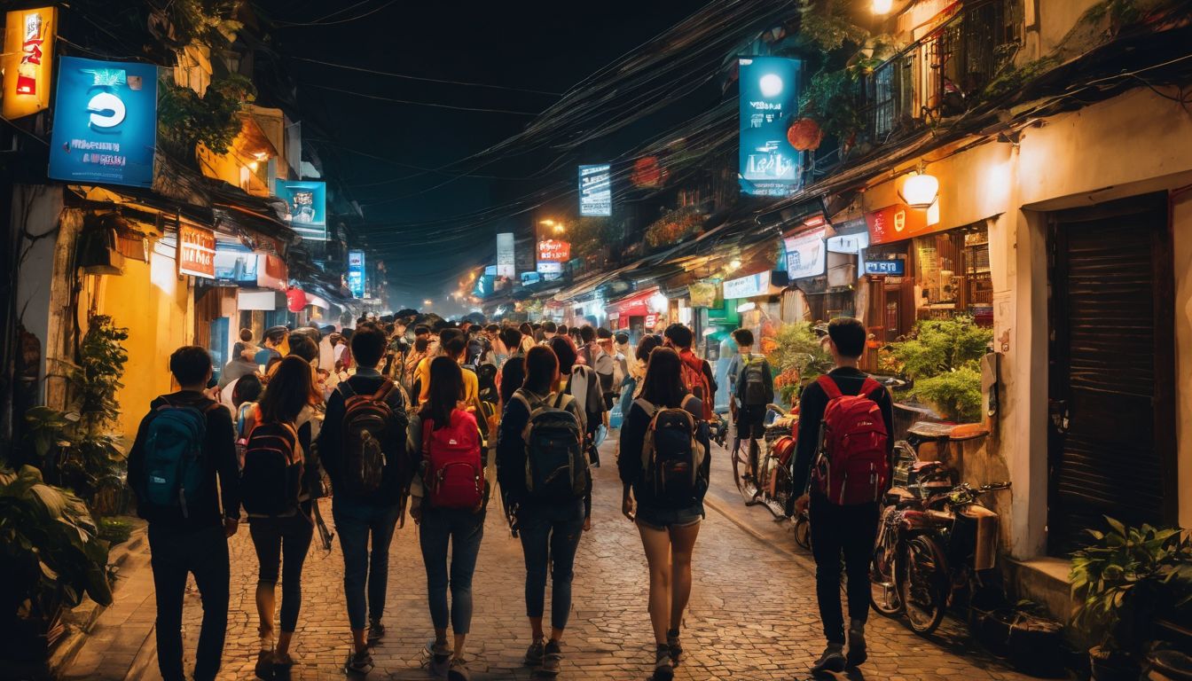 A group of backpackers exploring the vibrant streets of Hanoi at night, capturing the bustling atmosphere with a DSLR camera.