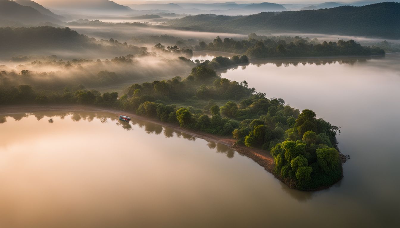 Aerial photograph of a misty sunrise over the Mekong River at Chiang Saen with a bustling atmosphere.