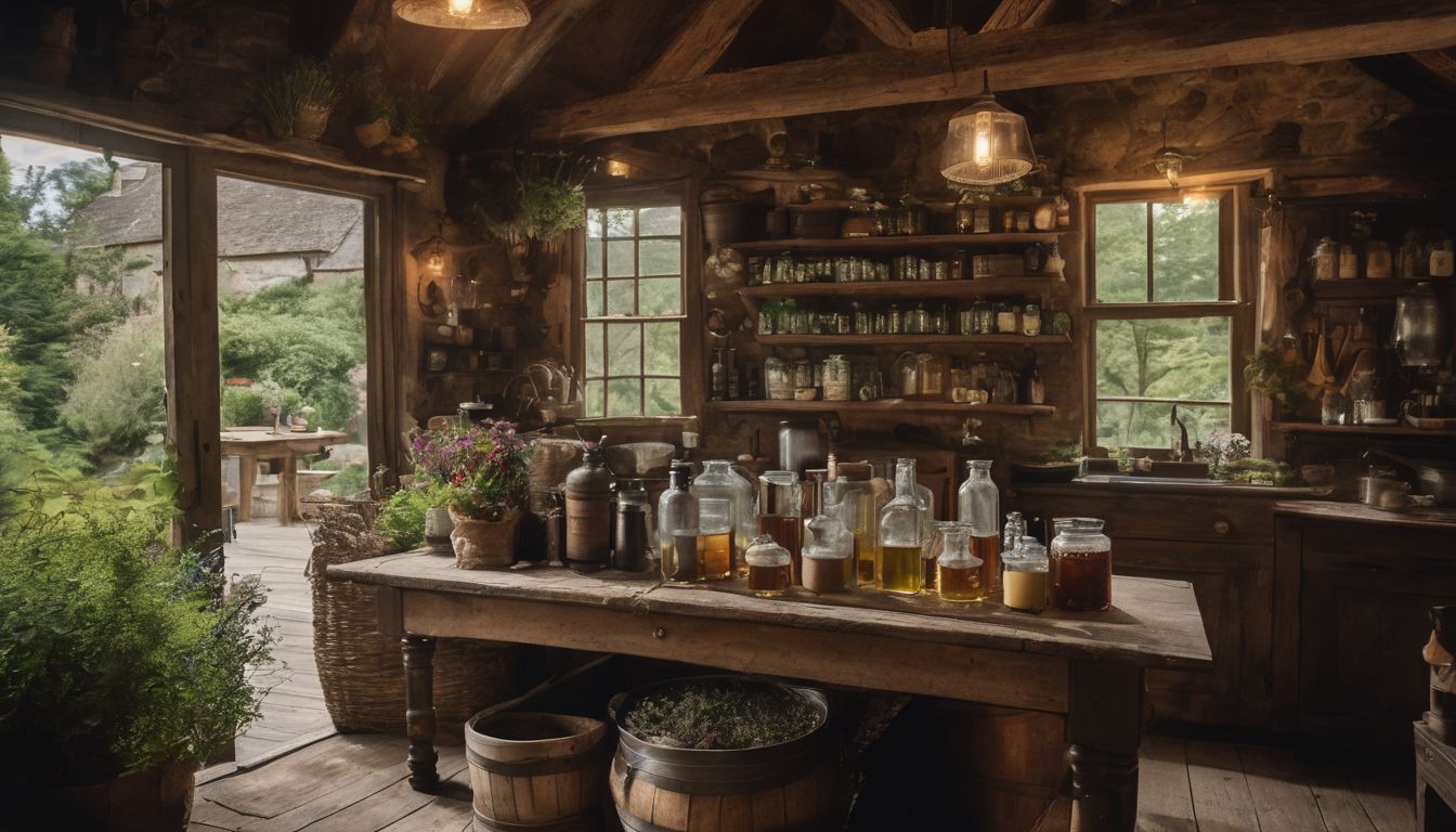 Biddy Early brewing herbal potions in her enchanting cottage garden.