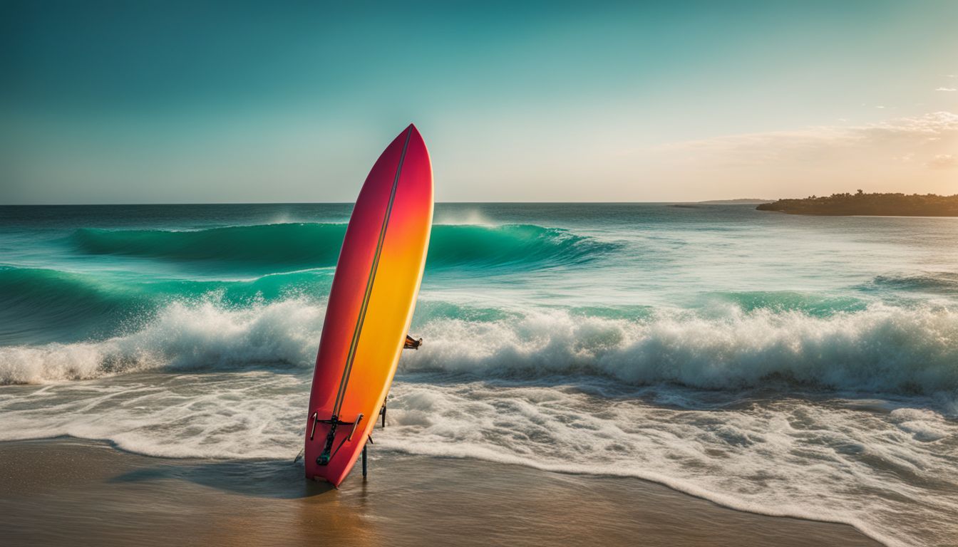 The photo captures a vibrant surfboard against the backdrop of turquoise waves, showcasing different people and their unique styles.