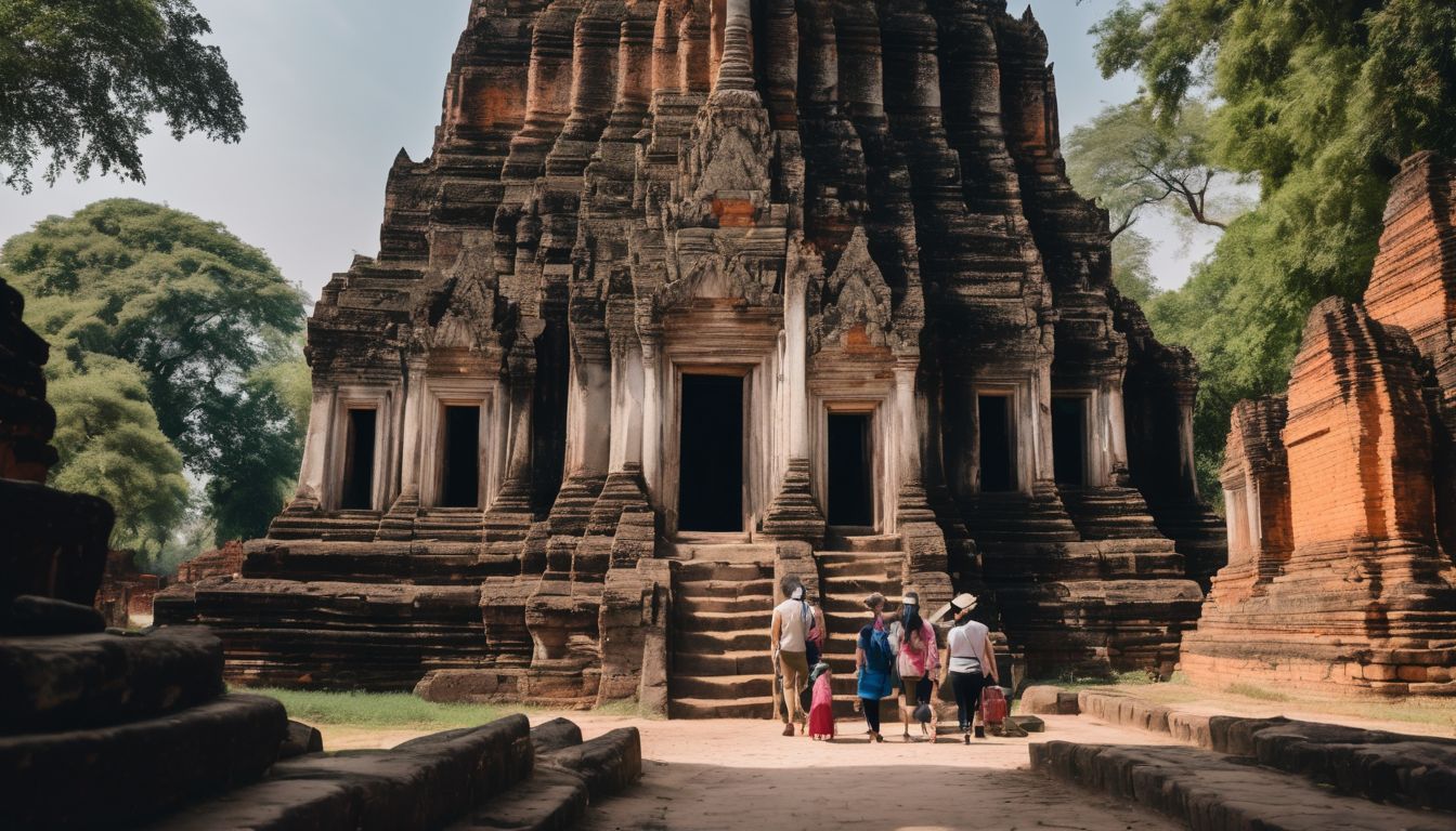 A diverse group of tourists exploring the ancient ruins of Ayutthaya.