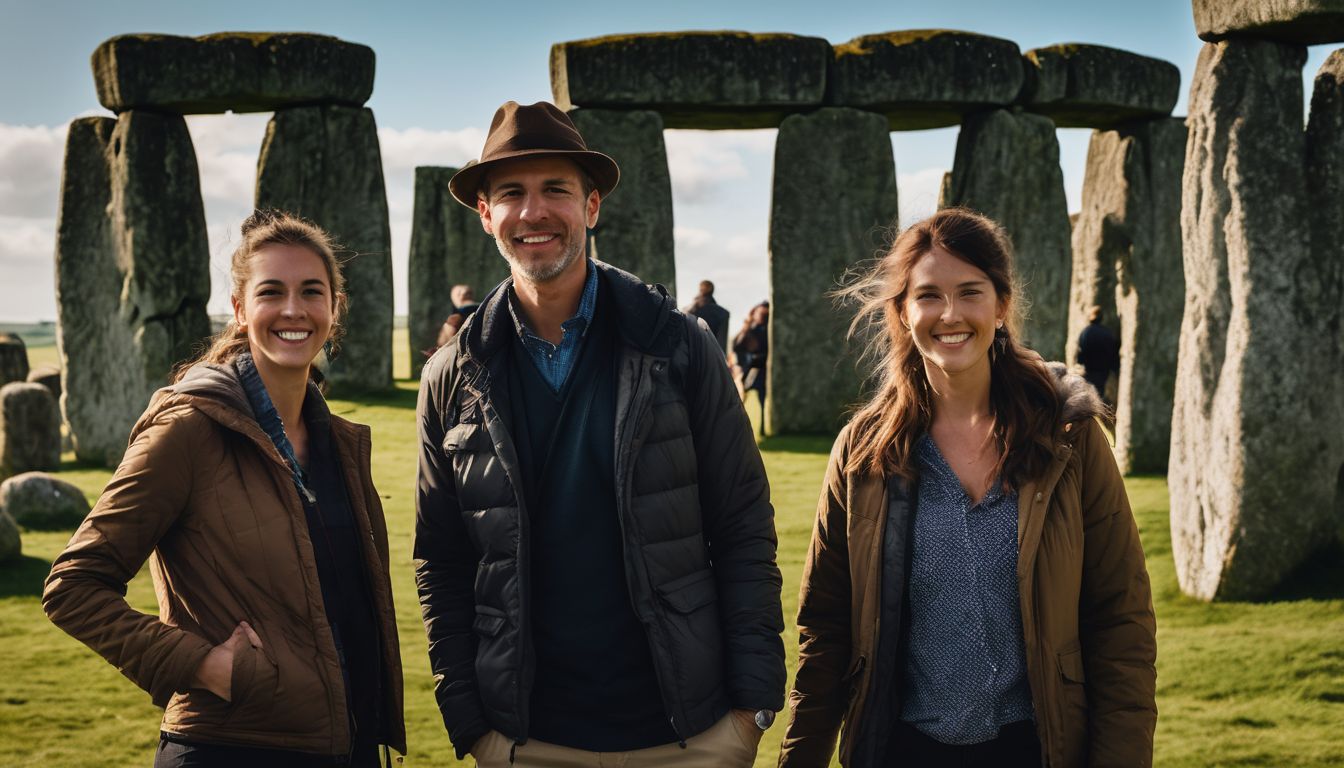 Tourists exploring Stonehenge with a guide in a bustling atmosphere.