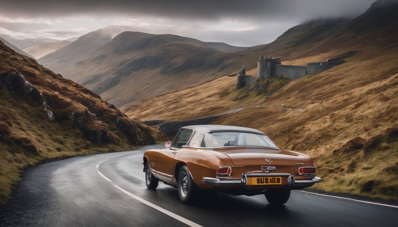 A classic car drives through the scenic Scottish Highlands.