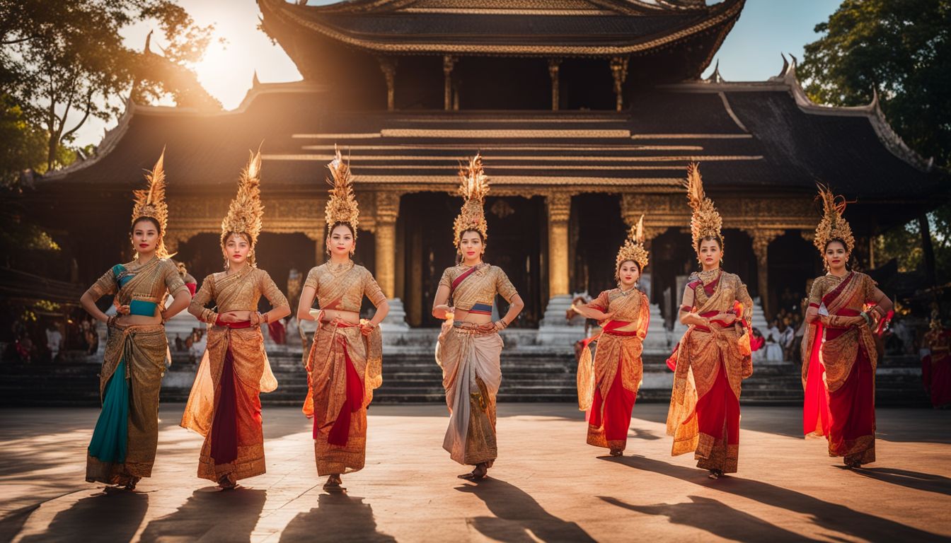Traditional Thai dancers performing in vibrant costumes in front of an ancient temple.