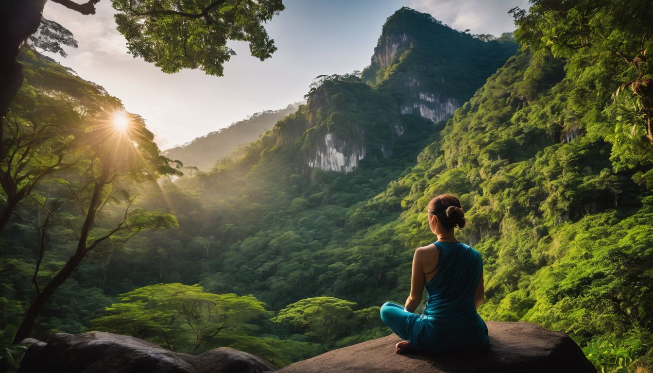 A person meditating in front of the Tiger Cave Temple surrounded by rainforest, capturing the bustling atmosphere of the location.