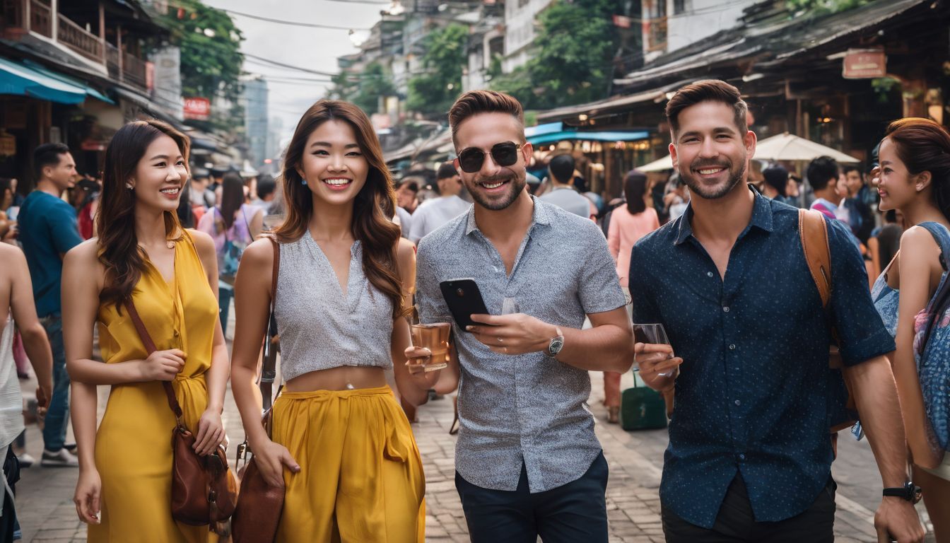 A diverse group of tourists respectfully engaging with Thai locals in a bustling cityscape.