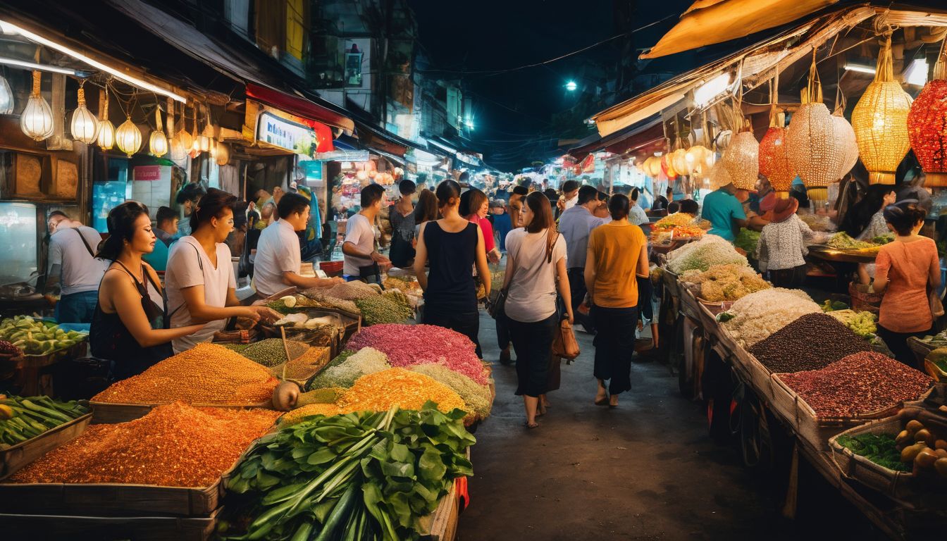 A diverse group of travelers exploring a vibrant Thai market and experiencing local culture.