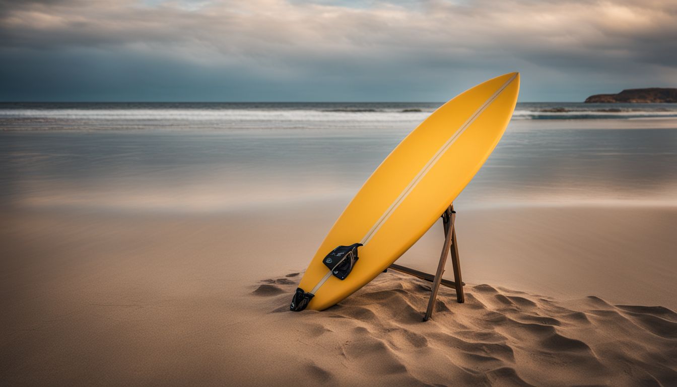 A surfboard stands upright on a sandy beach with people enjoying a bustling atmosphere.