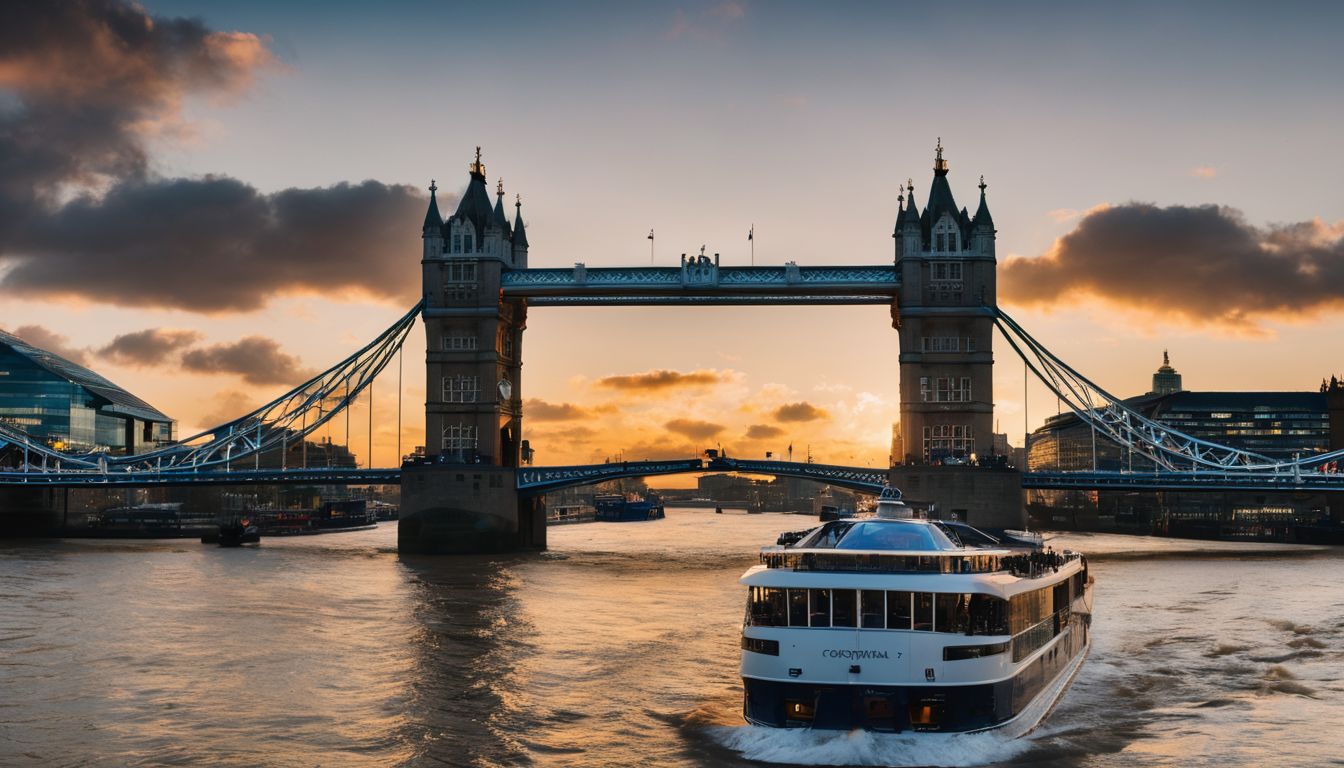 Panoramic view of Tower Bridge and River Thames at sunset.