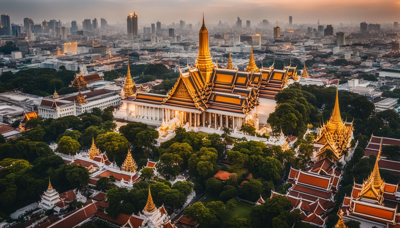 An aerial view of the Grand Palace in Bangkok surrounded by the cityscape with a bustling atmosphere.