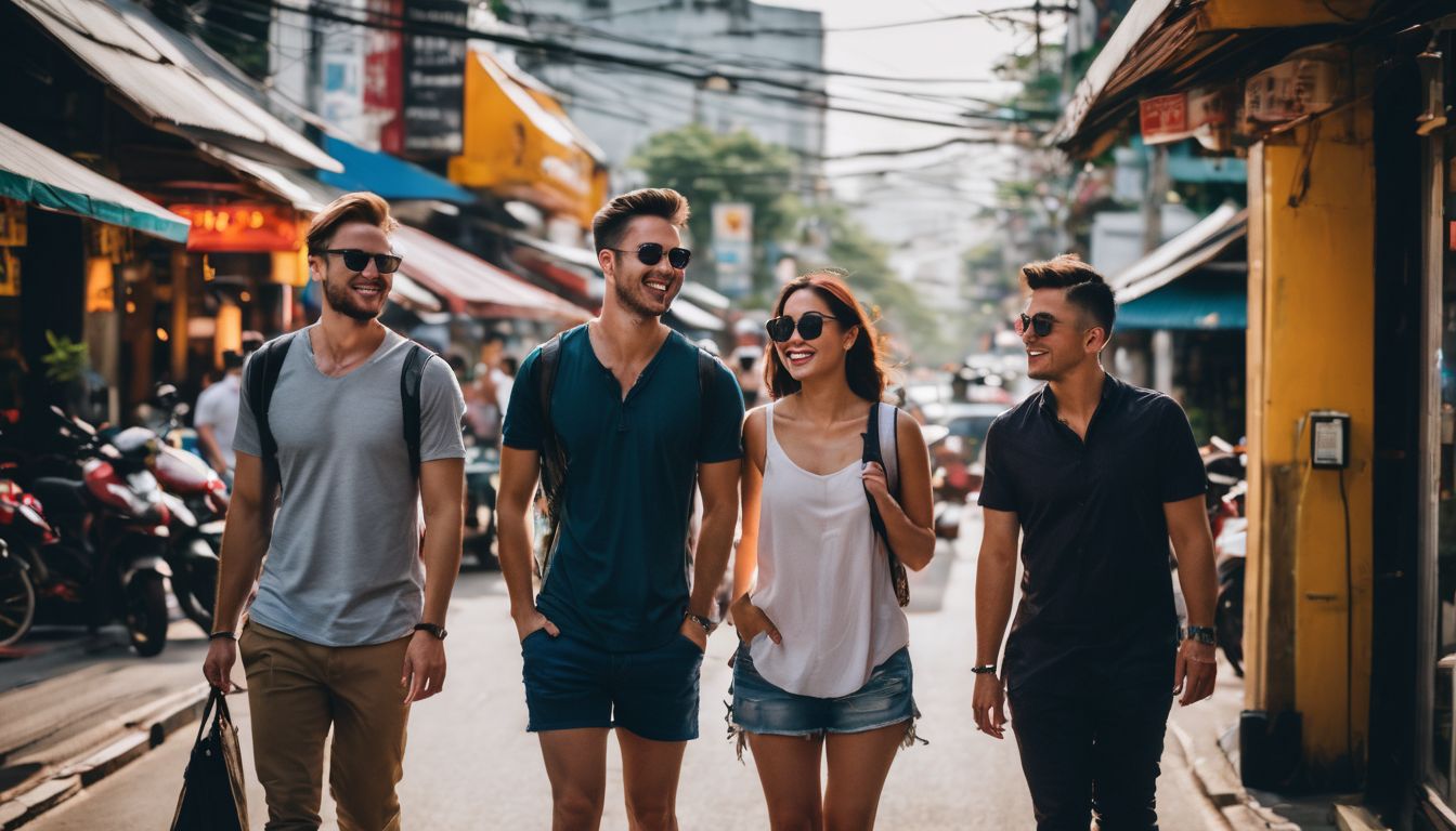A diverse group of friends exploring the vibrant streets of Bangkok together.