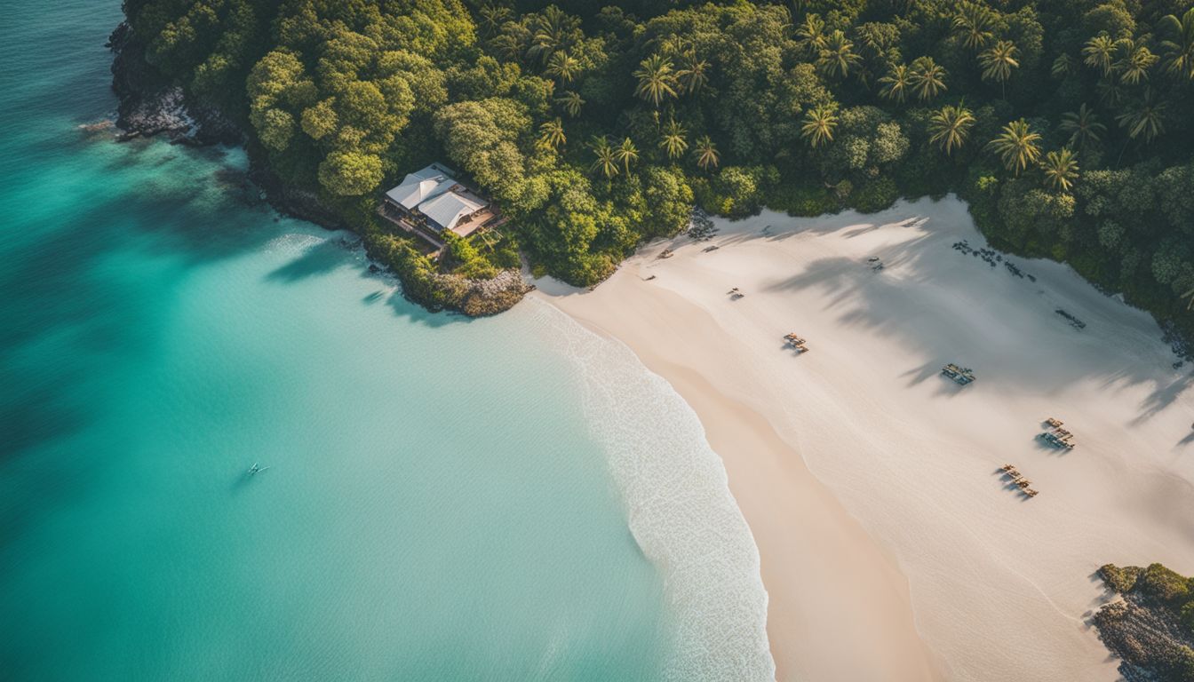 An aerial view of a beautiful beach surrounded by lush greenery and turquoise waters.