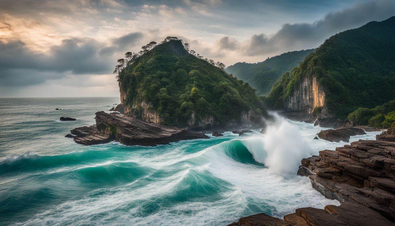 A powerful wave crashes against the picturesque coastline, capturing the bustling atmosphere of Thailand.