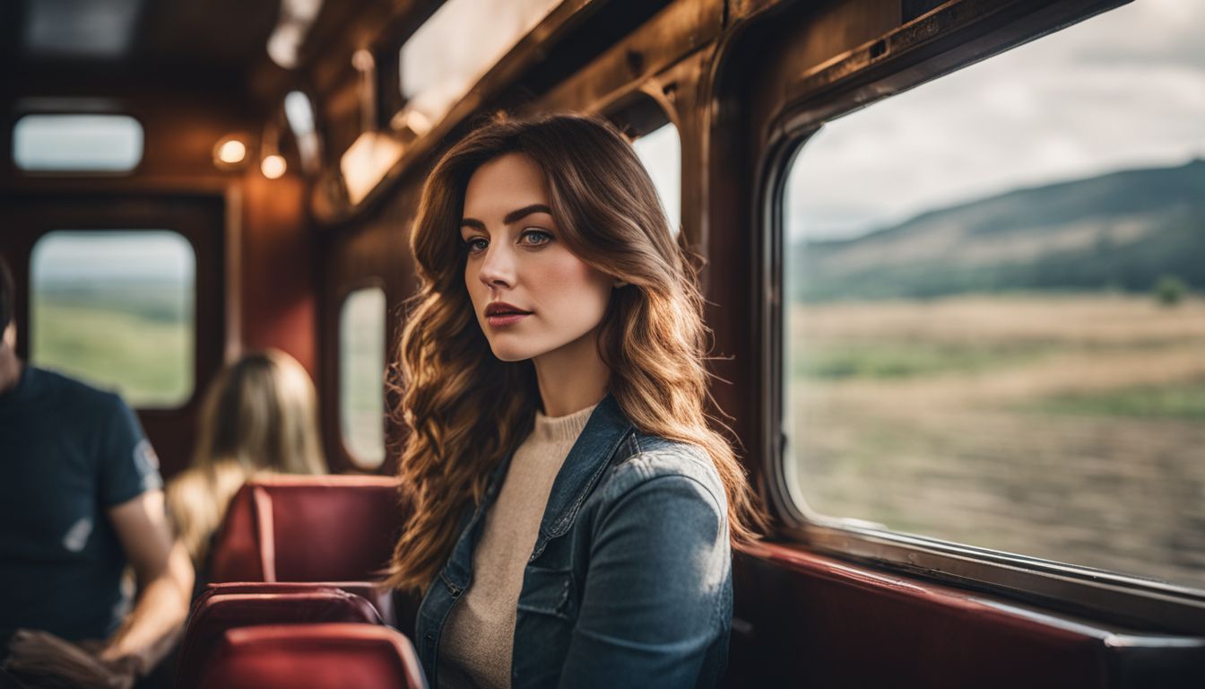 A woman enjoys the view of the countryside from a train window in a bustling atmosphere.
