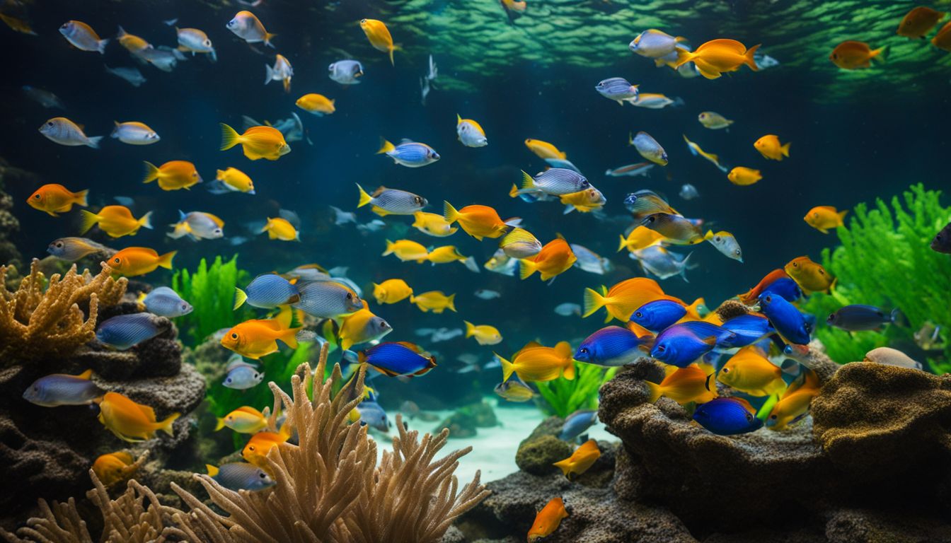 A vibrant school of tropical fish swimming in the Tri Nguyen Aquarium.