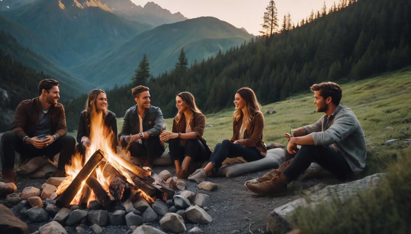 A diverse group of friends enjoying a campfire in beautiful mountains.