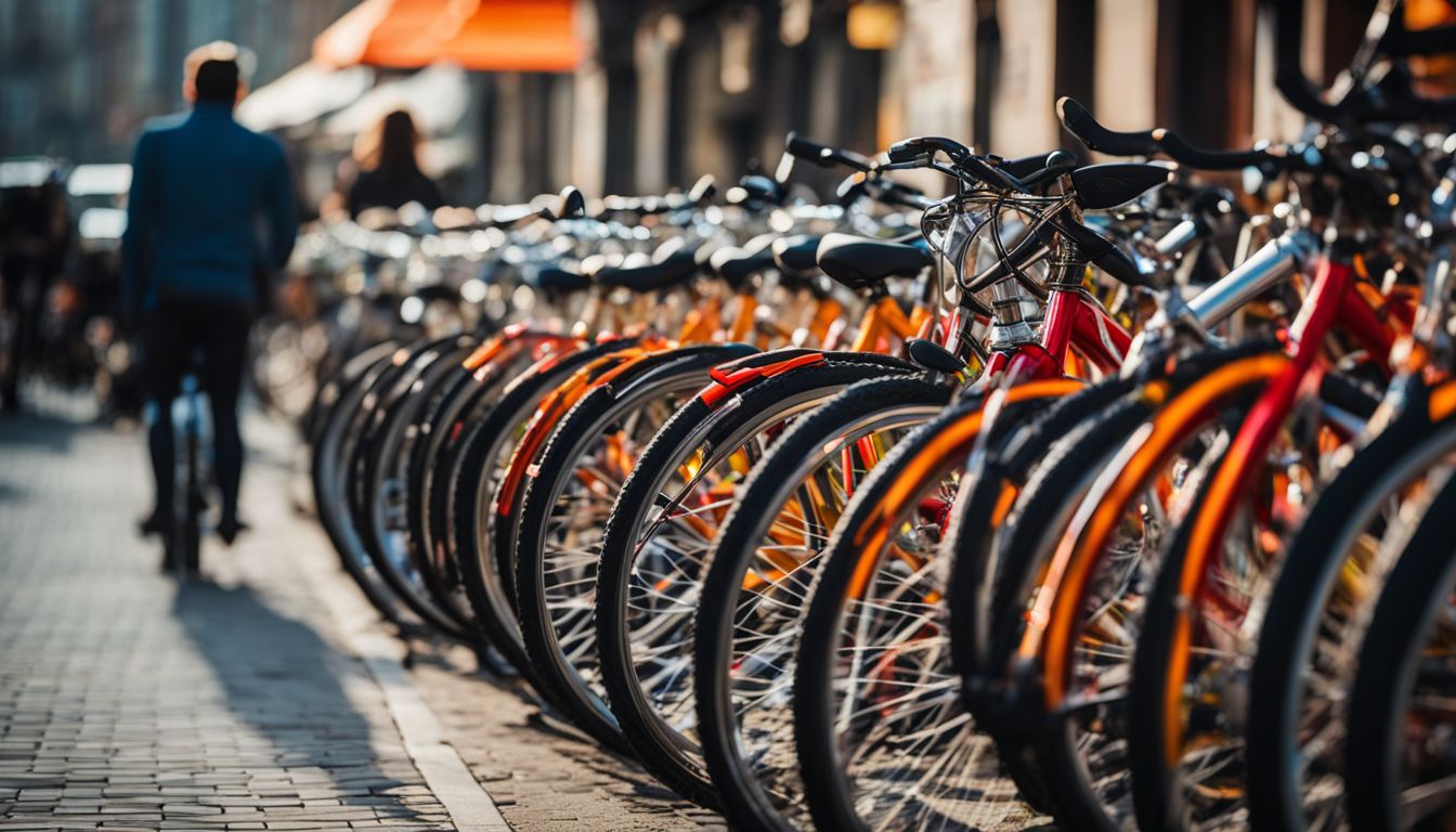 A colorful array of bicycles lined up in front of a bike rental shop, adding liveliness to the bustling cityscape.
