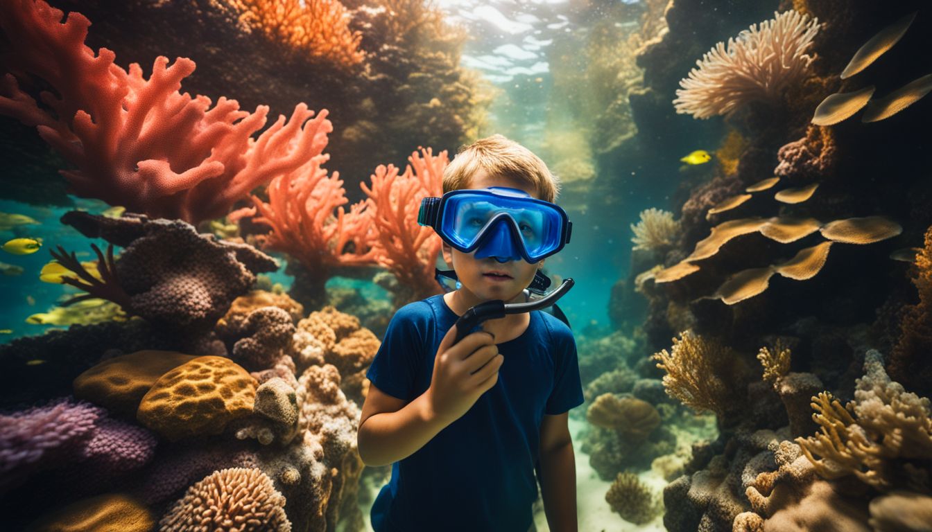 A young boy explores a vibrant coral reef in the Sea Shell Aquarium, wearing a snorkel mask.